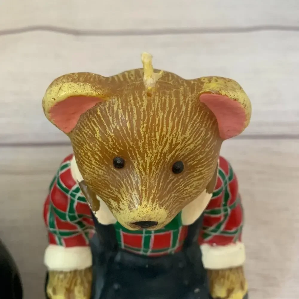 Vintage Teddy Bear Candles Set of 2 Bears with Bow Tie Plaid Shirt Overalls